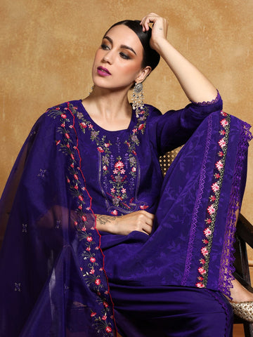 Varanga Women Floral Motif Thread Embroidered Yoke Kurta with Trouser & Dupatta